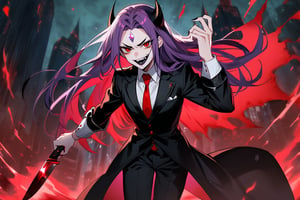 image of entire body of one evil boy, long and straight hair, the boy has a woman face, purple hair with black tips, wearing a black business suit with red tie, black pants, straight bangs in all his entire forehead, his hair covers all his eyebrows, evil smile, red eyes, black lips, spikes teeth with open mouth, holding in the right hand a bloodstained kitchen knife, a luminous quartz devastated night city in the background, all her body are bloodstained,