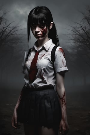 full-length realistic and gothic style image, zombie girl with wounds all over her body, the girl wears a white school shirt, the girl wears a short black school skirt, the girl has black hair, the girl has two ponytails behind from the head, an extra hand comes out of her left elbow, an extra hand comes out of her right elbow, an extra hand comes out of the girl's head, an arm comes out of the girl's back, her left eye is gray, wound gangrenous in the stomach, the girl poses hunched over, the girl has straight bangs on her forehead, her whole body has blood splashes, the background is made of corpses, the sky in the background is foggy and black, macabre ambient,