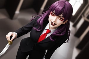 image of entire body of one evil boy, long and straight hair, the boy has a woman face, purple hair with black tips, wearing a black business suit with red tie, black pants, straight bangs in all his forehead, evil smile, red eyes, black lips, spikes teeth with open mouth, holding in the right hand a bloodstained kitchen knife, a luminous quartz devastated night city in the background, all her body are bloodstained,