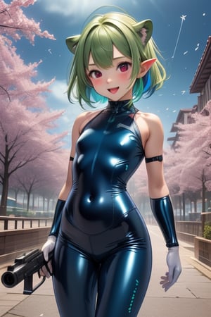 1girl, entire body image, The girl is posing sexy in a sakura night park, wearing a violet sequin latex tight swimsuit with red marks, red eyes, black eyeliner around the eyes, black lips,heavy brown messy short hair covering her left eye, flat chested, flat stomach, skinny body, small stature, short stature, lewd smile face with slightly blushing, open mouth, blue & green skin, stormy sky in the background with thunders, multicolored flowers flying for all places, blunt bangs in her forehead, Blue denim pants with red details, holding a TMP giant gun in her left hand, lion foots, wearing blue latex gloves in her hands, pointy ears, loli, high quality, HD, little girl, young, infant body type, baby face,