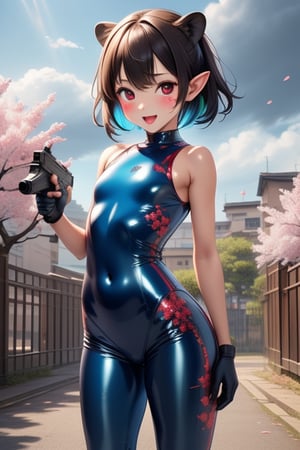 1girl, entire body image, The girl is posing sexy in a sakura night park, wearing a red sequin latex tight swimsuit with red marks, red eyes, black eyeliner around the eyes, black lips,heavy brown messy short hair covering her left eye, flat chested, flat stomach, skinny body, small stature, short stature, lewd smile face with slightly blushing, open mouth, blue & green skin, stormy sky in the background with thunders, multicolored flowers flying for all places, blunt bangs in her forehead, Blue denim pants with red details, holding a TMP giant gun in her left hand, lion foots, wearing blue latex gloves in her hands, pointy ears, loli, high quality, HD, little girl, young, infant body type, baby face,