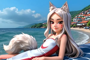 The girl is lying sexy on back in a pink bed, wearing a white tight long dress, red eyes, black eyeliner around the eyes, white long hair, perfect fingers, flat chested, flat stomach, skinny body, posing sexy, small stature, short stature, lewd face, white skin, fox ears, smile with slightly blushing, stormy sky in the background with thunders, High resolution, high quality, masterpiece, shiro, long hair, red eyes, animal ears, tail, animal ear fluff, fox ears, fox tail, facial mark, thick eyebrows, fox girl, entire body image, little body, big head, vnbg, classic_bg, modern_bg, photo_bg, anime_bg, 3d_bg, old_3d, sea, zero pictured, full body image,