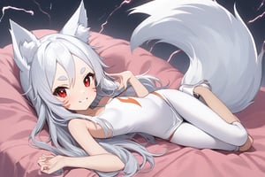 The girl is lying sexy on back in a pink bed, wearing a white tight long dress, red eyes, black eyeliner around the eyes, white long hair, perfect fingers, flat chested, flat stomach, skinny body, posing sexy, small stature, short stature, lewd face, white skin, fox ears, smile with slightly blushing, stormy sky in the background with thunders, High resolution, high quality, masterpiece, shiro, long hair, red eyes, animal ears, tail, animal ear fluff, fox ears, fox tail, facial mark, thick eyebrows, fox girl, entire body image, little body, big head, full body image, the girl is face up, nape up, heels down, stomach up,