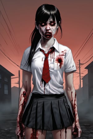 full-length realistic and gothic style image, zombie girl with wounds all over her body, the girl wears a white school shirt, the girl wears a short black school skirt, the girl has black hair, the girl has two ponytails behind from the head, an extra hand comes out of her left elbow, an extra hand comes out of her right elbow, an extra hand comes out of the girl's head, an arm comes out of the girl's back, her left eye is gray, wound gangrenous in the stomach, the girl poses hunched over, the girl has straight bangs on her forehead, her whole body has blood splashes, the background is made of corpses, the sky in the background is foggy and black, macabre ambient,