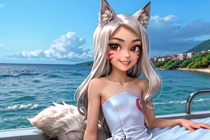 The girl is lying sexy on back in a pink bed, wearing a white tight long dress, red eyes, black eyeliner around the eyes, white long hair, perfect fingers, flat chested, flat stomach, skinny body, posing sexy, small stature, short stature, lewd face, white skin, fox ears, smile with slightly blushing, stormy sky in the background with thunders, High resolution, high quality, masterpiece, shiro, long hair, red eyes, animal ears, tail, animal ear fluff, fox ears, fox tail, facial mark, thick eyebrows, fox girl, entire body image, little body, big head, vnbg, classic_bg, modern_bg, photo_bg, anime_bg, 3d_bg, old_3d, sea, zero pictured, the viewer is 10 meters in front of her,