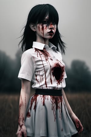 full-length realistic and gothic style image, zombie girl with wounds all over her body, the girl wears a white school shirt, the girl wears a short black school skirt, the girl has black hair, the girl has two ponytails behind from the head, an extra hand comes out of her left elbow, an extra hand comes out of her right elbow, an extra hand comes out of the girl's head, an arm comes out of the girl's back, her left eye is gray, wound gangrenous in the stomach, the girl poses hunched over, the girl has straight bangs on her forehead, her whole body has blood splashes, the background is made of corpses, the sky in the background is foggy and black, macabre ambient,