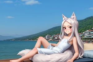 The girl is lying sexy on back in a pink bed, wearing a white tight long dress, red eyes, black eyeliner around the eyes, white long hair, perfect fingers, flat chested, flat stomach, skinny body, posing sexy, small stature, short stature, lewd face, white skin, fox ears, smile with slightly blushing, stormy sky in the background with thunders, High resolution, high quality, masterpiece, shiro, long hair, red eyes, animal ears, tail, animal ear fluff, fox ears, fox tail, facial mark, thick eyebrows, fox girl, entire body image, little body, big head, vnbg, classic_bg, modern_bg, photo_bg, anime_bg, 3d_bg, old_3d, sea, zero pictured, full body image, the girl is face up, nape up, heels down, stomach up,