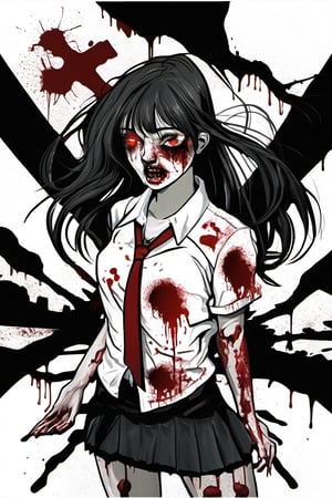full-length realistic and gothic style image, zombie girl with wounds all over her body, the girl wears a white school shirt, the girl wears a short black school skirt, the girl has black hair, the girl has two ponytails behind from the head, an extra hand comes out of her left elbow, an extra hand comes out of her right elbow, an extra hand comes out of the girl's head, an arm comes out of the girl's back, her left eye is gray, wound gangrenous in the stomach, the girl poses hunched over, the girl has straight bangs on her forehead, her whole body has blood splashes, the background is made of corpses, the sky in the background is foggy and black,