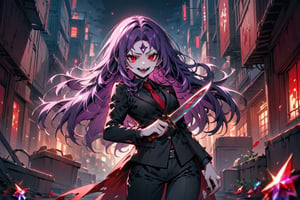 image of entire body of one evil girl, long and straight hair, purple hair with black tips, thin and beautitful face, wearing a black business suit with red tie, black pants, straight bangs in all his forehead, evil smile, red eyes, black lips, spikes teeth with open mouth, holding in the right hand a bloodstained kitchen knife, a luminous quartz devastated night city in the background, all her body are bloodstained,