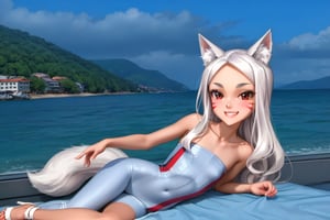 The girl is lying sexy on back in a pink bed, wearing a white tight long dress, red eyes, black eyeliner around the eyes, white long hair, perfect fingers, flat chested, flat stomach, skinny body, posing sexy, small stature, short stature, lewd face, white skin, fox ears, smile with slightly blushing, stormy sky in the background with thunders, High resolution, high quality, masterpiece, shiro, long hair, red eyes, animal ears, tail, animal ear fluff, fox ears, fox tail, facial mark, thick eyebrows, fox girl, entire body image, little body, big head, vnbg, classic_bg, modern_bg, photo_bg, anime_bg, 3d_bg, old_3d, sea, zero pictured, full body image, the girl is face up, nape up, heels down,