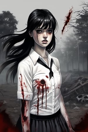 full-length realistic and gothic style image, zombie girl with wounds all over her body, the girl wears a white school shirt, the girl wears a short black school skirt, the girl has black hair, the girl has two ponytails behind from the head, an extra hand comes out of her left elbow, an extra hand comes out of her right elbow, an extra hand comes out of the girl's head, an arm comes out of the girl's back, her left eye is gray, wound gangrenous in the stomach, the girl poses hunched over, the girl has straight bangs on her forehead, her whole body has blood splashes, the background is made of corpses, the sky in the background is foggy and black,