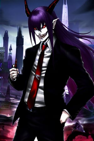image of entire body of one evil boy, long and straight hair, the boy has a woman face, purple hair with black tips, wearing a black business suit with red tie, black pants, black plate cap in head, straight bangs in all his forehead, evil smile, red eyes, black lips, spikes teeth with open mouth, holding in the right hand a bloodstained kitchen knife, a luminous quartz devastated night city in the background, all her body are bloodstained,