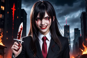 image of entire body of one evil girl, long and straight hair, thin and beautitful face, wearing a black business suit with red tie, black pants, straight bangs in all his forehead, evil smile, red eyes, black lips, spikes teeth with open mouth, holding in the right hand a bloodstained kitchen knife, a luminous quartz devastated night city in the background, all her body are bloodstained,