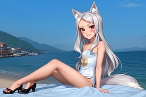 The girl is lying sexy on back in a pink bed, wearing a white tight long dress, red eyes, black eyeliner around the eyes, white long hair, perfect fingers, flat chested, flat stomach, skinny body, posing sexy, small stature, short stature, lewd face, white skin, fox ears, smile with slightly blushing, stormy sky in the background with thunders, High resolution, high quality, masterpiece, shiro, long hair, red eyes, animal ears, tail, animal ear fluff, fox ears, fox tail, facial mark, thick eyebrows, fox girl, entire body image, little body, big head, vnbg, classic_bg, modern_bg, photo_bg, anime_bg, 3d_bg, old_3d, sea, zero pictured, full body image, the girl is face up, nape up, heels down,