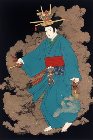 shinto priest, wearing a hyottoko mask, traditional blue priest costume, throwing luminous ghosts into the air, His clothes are decorated with lines of three colors 1 red 2 black 3 green, he carries gold jewelry, black and bloodstained background,