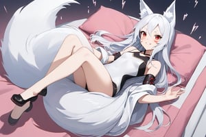 The girl is lying sexy on back in a pink bed, wearing a white tight long dress, red eyes, black eyeliner around the eyes, white long hair, perfect fingers, flat chested, flat stomach, skinny body, posing sexy, small stature, short stature, lewd face, white skin, fox ears, smile with slightly blushing, stormy sky in the background with thunders, High resolution, high quality, masterpiece, shiro, long hair, red eyes, animal ears, tail, animal ear fluff, fox ears, fox tail, facial mark, thick eyebrows, fox girl, entire body image, little body, big head, full body image, the girl is face up, nape up, heels down, stomach up,