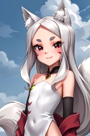 The girl is posing sexy side, wearing a white tight long dress, red eyes, black eyeliner around the eyes, white long hair, perfect fingers, flat chested, flat stomach, skinny body, posing sexy, small stature, short stature, lewd face, white skin, fox ears, smile with slightly blushing, stormy sky in the background with thunders, High resolution, high quality, masterpiece, shiro, long hair, red eyes, animal ears, tail, animal ear fluff, fox ears, fox tail, facial mark, thick eyebrows, fox girl,