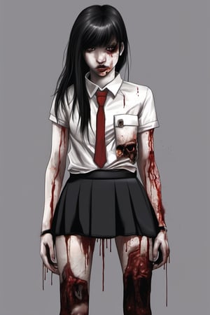 full-length realistic and gothic style image, zombie girl with wounds all over her body, the girl wears a white school shirt, the girl wears a short black school skirt, the girl has black hair, the girl has two ponytails behind from the head, an extra hand comes out of her left elbow, an extra hand comes out of her right elbow, an extra hand comes out of the girl's head, an arm comes out of the girl's back, her left eye is gray, wound gangrenous in the stomach, the girl poses hunched over, the girl has straight bangs on her forehead, her whole body has blood splashes, the background is made of corpses, the sky in the background is foggy and black, macabre ambient,