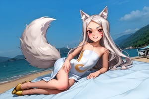 The girl is lying sexy on back in a pink bed, wearing a white tight long dress, red eyes, black eyeliner around the eyes, white long hair, perfect fingers, flat chested, flat stomach, skinny body, posing sexy, small stature, short stature, lewd face, white skin, fox ears, smile with slightly blushing, stormy sky in the background with thunders, High resolution, high quality, masterpiece, shiro, long hair, red eyes, animal ears, tail, animal ear fluff, fox ears, fox tail, facial mark, thick eyebrows, fox girl, entire body image, little body, big head, vnbg, classic_bg, modern_bg, photo_bg, anime_bg, 3d_bg, old_3d, sea, zero pictured, full body image, the girl is face up, nape up, heels down,