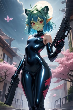 1girl, The girl is posing sexy in a sakura night park, wearing a violet sequin latex tight swimsuit with red marks, red eyes, black eyeliner around the eyes, black lips,heavy brown messy short hair covering her left eye, flat chested, flat stomach, skinny body, small stature, short stature, lewd smile face with slightly blushing, open mouth, blue & green skin, stormy sky in the background with thunders, multicolored flowers flying for all places, blunt bangs in her forehead, Blue denim pants with red details, holding a TMP giant gun in her left hand, lion foots, wearing blue latex gloves in her hands, pointy ears, loli, high quality, HD,