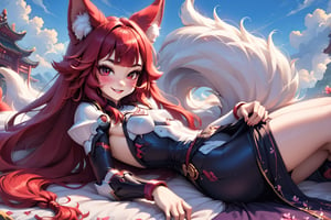 The girl is posing sexy lying on back, the girl is in a sakura night park, wearing a pink sequin tight dress, red eyes, black eyeliner around the eyes, purple long hair, perfect fingers, flat chested, flat stomach, skinny body, posing sexy, small stature, short stature, lewd face, white skin, fox ears, evil smile with slightly blushing, stormy sky in the background with thunders, High resolution, high quality, masterpiece, shiro, long hair, red eyes, animal ears, tail, animal ear fluff, fox ears, fox tail, facial mark, thick eyebrows, fox girl, blunt bangs in her forehead, score_9, score_8_up, score_7_up,score_6_up, score_5_up, score_4_up, disney pixar style, short lady, head scale+1, mecha armor in all her body,