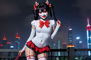 image of entire body, high quality, evil sexy lady, very tiny and tall body, flat stomach, wearing a white tight leotard with black miniskirt, sexy and provocative posing, red eyes, in the right hand hold a big metal hammer, red bow on the chest, elegant red lines in the shores of the leotard, pink ruffled sleeves, black hair, only one large ponytail behind the head, the girl wear a white smiling bloodstained mask with red cheeks in his face, straight bangs on the forehead hair, a luminous quartz devastated night city in the background, all her body are bloodstained,