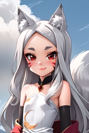 The girl is posing sexy side, wearing a white tight long dress, red eyes, black eyeliner around the eyes, white long hair, perfect fingers, flat chested, flat stomach, skinny body, posing sexy, small stature, short stature, lewd face, white skin, fox ears, smile with slightly blushing, stormy sky in the background with thunders, High resolution, high quality, masterpiece, shiro, long hair, red eyes, animal ears, tail, animal ear fluff, fox ears, fox tail, facial mark, thick eyebrows, fox girl, entire body image, little body, big head,