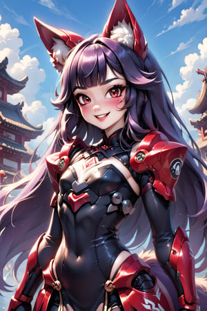 The girl is posing sexy in a sakura night park, wearing a pink sequin tight dress, red eyes, black eyeliner around the eyes, purple long hair, perfect fingers, flat chested, flat stomach, skinny body, posing sexy, small stature, short stature, lewd face, white skin, fox ears, evil smile with slightly blushing, stormy sky in the background with thunders, High resolution, high quality, masterpiece, shiro, long hair, red eyes, animal ears, tail, animal ear fluff, fox ears, fox tail, facial mark, thick eyebrows, fox girl, blunt bangs in her forehead, score_9, score_8_up, score_7_up,score_6_up, score_5_up, score_4_up, disney pixar style, short lady, head scale+1, mecha armor in all her body, gothic photo frame,