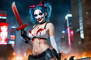 image of entire body of one evil and sexy girl, high quality, very tiny and tall body, flat stomach, wearing a white tight leotard with black miniskirt, sexy and provocative posing, red eyes, in the right hand hold a chainsaw, red bow on the chest, elegant red lines in the shores of the leotard, pink ruffled sleeves, blue hair, a messy and short ponytail behind the head, one eye covered by her hair, the girl wear a white smiling bloodstained mask with red cheeks in his face, a luminous quartz devastated night city in the background, all her body are bloodstained,