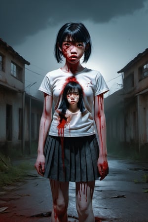 full-length realistic and gothic style image, zombie girl with wounds all over her body, the girl wears a white school shirt, the girl wears a short black school skirt, the girl has black hair, the girl has two ponytails behind from the head, an extra hand comes out of her left elbow, an extra hand comes out of her right elbow, an extra hand comes out of the girl's head, an arm comes out of the girl's back, her left eye is gray, wound gangrenous in the stomach, the girl poses hunched over, the girl has straight bangs on her forehead, her whole body has blood splashes, the background is made of corpses, the sky in the background is foggy and black, macabre ambient,