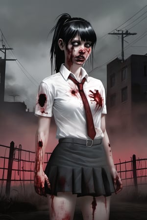 full-length realistic and gothic style image, zombie girl with wounds all over her body, the girl wears a white school shirt, the girl wears a short black school skirt, the girl has black hair, the girl has two ponytails behind from the head, an extra hand comes out of her left elbow, an extra hand comes out of her right elbow, an extra hand comes out of the girl's head, an arm comes out of the girl's back, her left eye is gray, wound gangrenous in the stomach, the girl poses hunched over, the girl has straight bangs on her forehead, her whole body has blood splashes, the background is made of corpses, the sky in the background is foggy and black, macabre ambient,