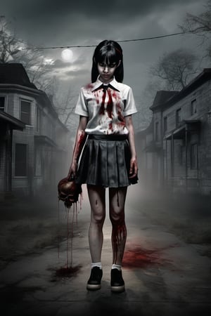 full-length realistic and gothic style image, zombie girl with wounds all over her body, the girl wears a white school shirt, the girl wears a short black school skirt, the girl has black hair, the girl has two ponytails behind from the head, an extra hand comes out of her left elbow, an extra hand comes out of her right elbow, an extra hand comes out of the girl's head, an arm comes out of the girl's back, her left eye is gray, wound gangrenous in the stomach, the girl poses hunched over, the girl has straight bangs on her forehead, her whole body has blood splashes, the background is made of corpses, the sky in the background is foggy and black, macabre ambient,