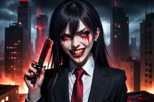 image of entire body of one evil girl, long and straight hair, thin and beautitful face, wearing a black business suit with red tie, black pants, straight bangs in all his forehead, evil smile, red eyes, black lips, spikes teeth with open mouth, holding in the right hand a bloodstained kitchen knife, a luminous quartz devastated night city in the background, all her body are bloodstained,