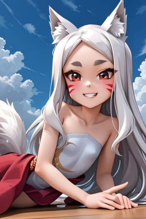 The girl is lying sexy on floor, wearing a white tight long dress, red eyes, black eyeliner around the eyes, white long hair, perfect fingers, flat chested, flat stomach, skinny body, posing sexy, small stature, short stature, lewd face, white skin, fox ears, smile with slightly blushing, stormy sky in the background with thunders, High resolution, high quality, masterpiece, shiro, long hair, red eyes, animal ears, tail, animal ear fluff, fox ears, fox tail, facial mark, thick eyebrows, fox girl, entire body image, little body, big head,