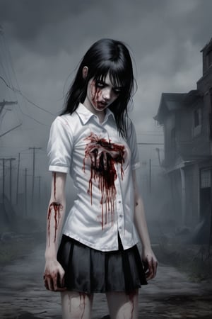 full-length realistic and gothic style image, zombie girl with wounds all over her body, the girl wears a white school shirt, the girl wears a short black school skirt, the girl has black hair, the girl has two ponytails behind from the head, an extra hand comes out of her left elbow, an extra hand comes out of her right elbow, an extra hand comes out of the girl's head, an arm comes out of the girl's back, her left eye is gray, wound gangrenous in the stomach, the girl poses hunched over, the girl has straight bangs on her forehead, her whole body has blood splashes, the background is made of corpses, the sky in the background is foggy and black, macabre ambient,