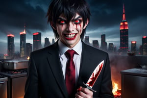 image of entire body of one evil boy, wearing a black business suit with red tie, black pants, straight bangs in all his forehead, evil smile, red eyes, black lips, spikes teeth with open mouth, holding in the right hand a bloodstained kitchen knife, a luminous quartz devastated night city in the background, all her body are bloodstained,