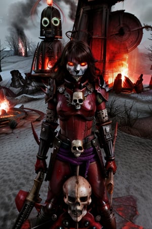 mecha girl, chainsaw hands,purple & light blue armor, square head, sakura forest in the background, HORROR, Khorne_World, (skulls), spikes, fantasy, fire, red glow, red theme,