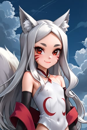 The girl is posing sexy side, wearing a white tight long dress, red eyes, black eyeliner around the eyes, white long hair, perfect fingers, flat chested, flat stomach, skinny body, posing sexy, small stature, short stature, lewd face, white skin, fox ears, smile with slightly blushing, stormy sky in the background with thunders, High resolution, high quality, masterpiece, shiro, long hair, red eyes, animal ears, tail, animal ear fluff, fox ears, fox tail, facial mark, thick eyebrows, fox girl, entire body image, little body, big head,