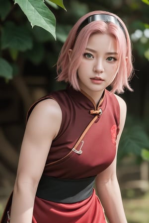 8k, best quality, masterpiece, realistic, ultra detail, photo realistic, Increase quality, Highly detailed, anime style character design of Sakura Haruno from Naruto with pink hair, (green eyes:0.8), and smooth skin, detailed facial features: large expressive eyes with long eyelashes, small nose, and determined lips, strong jawline, high cheekbones, fierce and focused expression, battle-ready stance, (wearing a red qipao dress :1.2), black shorts, elbow protectors, white gloves, red forehead protector with the Leaf Village symbol, hair styled in shoulder-length, straight cut, slim build, athletic physique, strong posture, dynamic anime-style background, bright and intense, with motion effects to indicate action, serious, looking at viewer, hairband, forehead protector, sleeveless shirt, gloves, looking_at_viewer:1.4, portrait,harunoshipp,harunonewera, black sash, detailed face