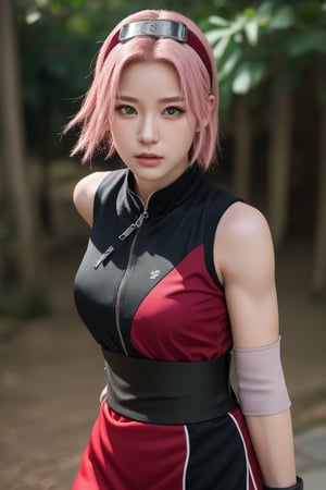 8k, best quality, masterpiece, realistic, ultra detail, photo realistic, Increase quality, Highly detailed, anime style character design of Sakura Haruno from Naruto with pink hair, (green eyes:0.8), and smooth skin, detailed facial features: large expressive eyes with long eyelashes, small nose, and determined lips, strong jawline, high cheekbones, fierce and focused expression, battle-ready stance, wearing a red qipao dress with white circular designs, black shorts, elbow protectors, white gloves, red forehead protector with the Leaf Village symbol, hair styled in shoulder-length, straight cut, slim build, athletic physique, strong posture, dynamic anime-style background, bright and intense, with motion effects to indicate action, serious, looking at viewer, hairband, forehead protector, sleeveless shirt, gloves, looking_at_viewer:1.4, portrait,harunoshipp,harunonewera, black sash, detailed face