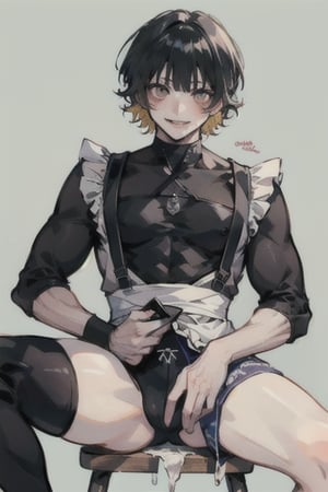 a boy, Bachira from Blue Lock, in maid/servant clothes, spreading his legs, looking at the viewer in front, smiling while biting a condom, blushing, muscular, big breasts, masterpiece, excellent quality, background of any pastel color, medium cute style