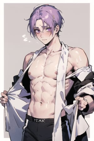 A captivating masterpiece, a boy, Reo from Blue Lock, blushing, half muscled, big breasts, excellent quality, background of any pastel color. Medium cute style, he is excited, sweating, naked, with towels from the white waist, on his back, looking at the viewer, mikage reo, sex, 1guy, loose hair, medium long