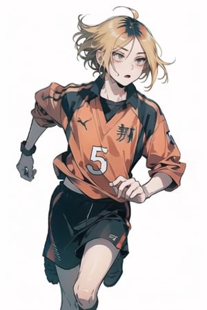 Masterpiece, good quality, no deformities, Kenma, haikyuu kenma, running, with a small ball in the right hand, white background, anime style, kozume kenma, male focus, blonde hair with black roots