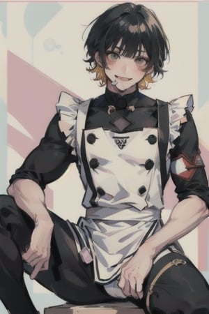 a boy, Bachira from Blue Lock, in maid/servant clothes, spreading his legs, looking at the viewer in front, smiling while biting a condom, blushing, muscular, big breasts, masterpiece, excellent quality, background of any pastel color, medium cute style