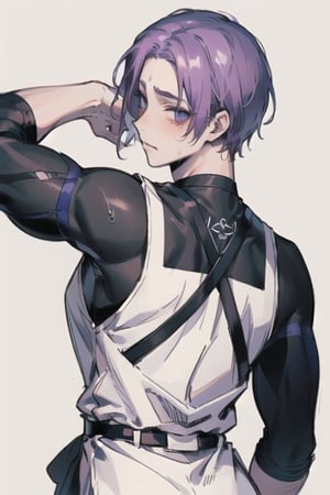 A captivating masterpiece, a boy, Reo from Blue Lock, blushing, half muscled, big breasts, excellent quality, background of any pastel color. Half cute style, he is excited, sweating, he wears maid/servant clothes, his back to him, looking at the viewer, mikage reo, sex, 1guy, loose hair