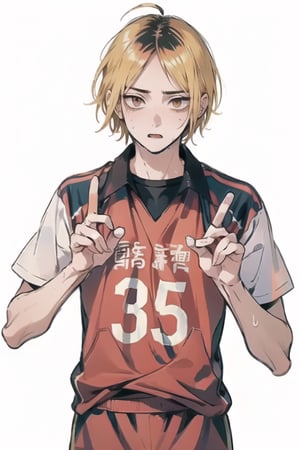 masterpiece, good quality, no deformities, kenma, kenma playing volleyball, receiving the ball, receiving pose, white background, sexy boy, serious, sweating, handsome boy,kozume kenma