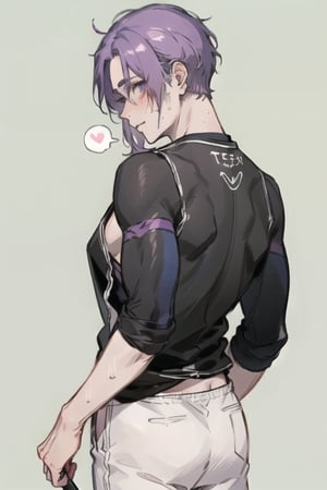 A captivating masterpiece, a boy, Reo from Blue Lock, blushing, half muscled, big breasts, excellent quality, background of any pastel color. Half cute style, he is excited, sweating, he wears maid/servant clothes, his back to him, looking at the viewer, mikage reo, sex, 1guy, loose hair