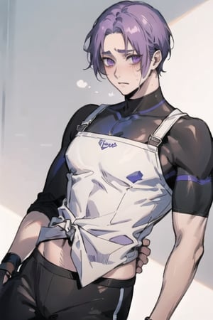 A captivating masterpiece, a boy, Reo from Blue Lock, blushing, half muscled, big breasts, excellent quality, background of any pastel color. Medium cute style, he is excited, sweating, he wears maid/servant clothes, on his back, looking at the viewer, mikage reo, sex, 1guy, loose hair, medium long