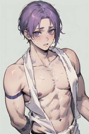 A captivating masterpiece, a boy, Reo from Blue Lock, blushing, half muscled, big breasts, excellent quality, background of any pastel color. Medium cute style, he is excited, sweating, naked, with towels from the white waist, on his back, looking at the viewer, mikage reo, sex, 1guy, loose hair, medium long