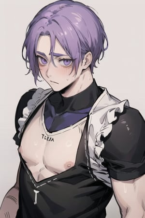 A captivating masterpiece, a boy, Reo from Blue Lock, blushing, half muscled, big breasts, excellent quality, background of any pastel color. Medium cute style, he is excited, sweating, he wears maid/servant clothes, on his back, looking at the viewer, mikage reo, sex, 1guy, loose hair, medium long